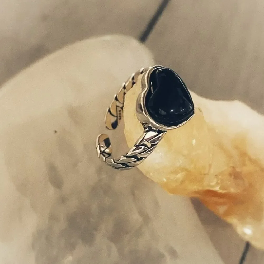 925 Sterling Silver Black Agate Heart Ring